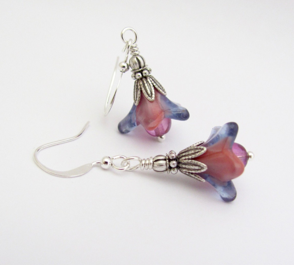 Peach Blue Flower Earrings Summer Gift Jewelry Birthday Gift Fantasy Jewelry