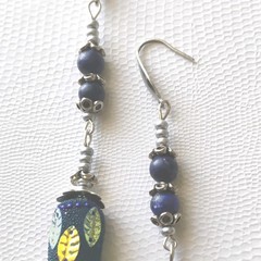 Blue Lapis Lazuli Beads Metal Leaf Tibetan Silver Caps Ear Wire Earrings