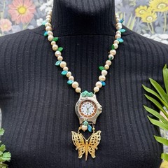 Adorned Crown Jewelry assemblage Pearl Czech glass watch butterfly necklace