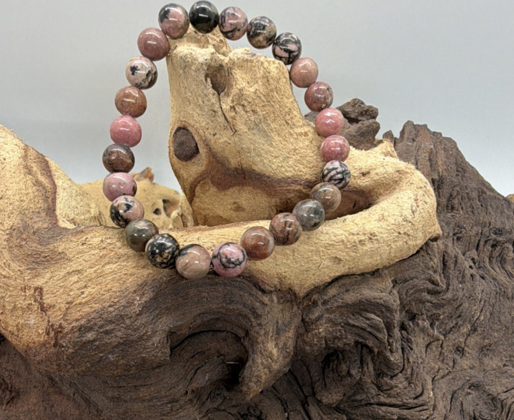 Rhodonite Gemstone Beaded Bracelet Round Pink Gray Black Unisex Adults