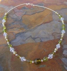 Handmade Short Necklace of Olive Green and Clear Glass with Silver Metal Beads