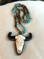 LARGE CARVED ANTLER & BONE BUFFALO PENDANT AND BEADED NECKLACE