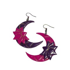 Crescent Moon Lotus Earrings Hook Handmade Purple Pink Gold 2″ Iridescent Resin