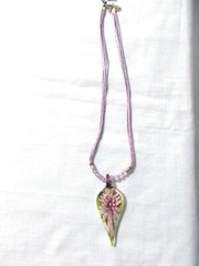 Floral Purple with Green Glass Pendant on 16″ 4 Strand Purple Cord with Crystals
