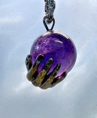 Sterling Silver hand holding Amethyst Cryatal ball Solitaire pendant by JKL 232