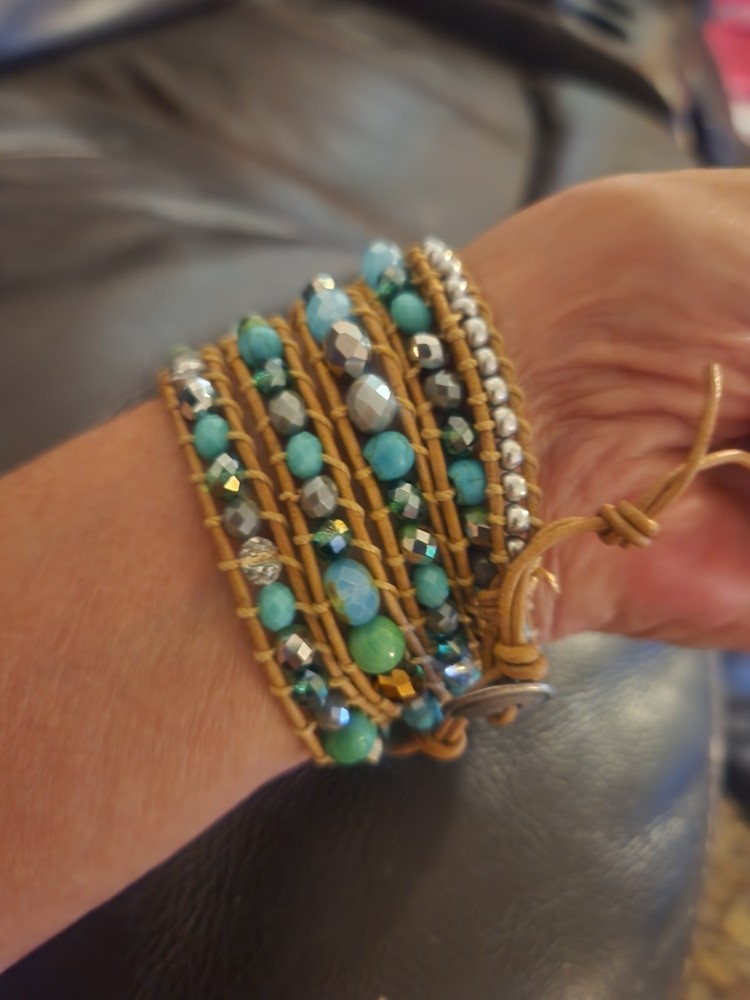 Handmade Turquoise Glass & Silver Seeds Beads Tan Leather Wrap Bracelet. NEW