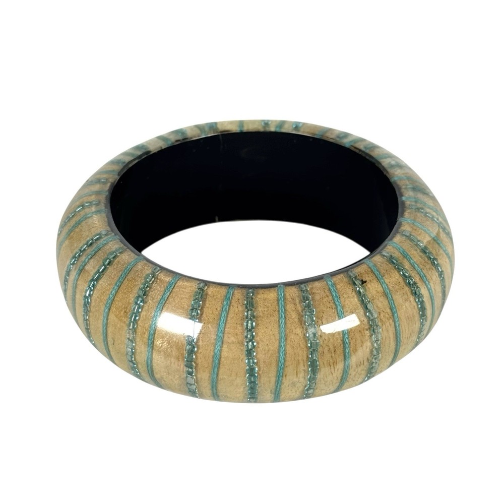 Vintage Tiger Maple Wood Resin Chunky Bangle Bracelet Blue Glass Bead Inlay