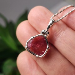 Pink Tourmaline Pendant, Polished Crystal Slice Sterling Silver Necklace