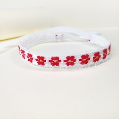 Red Flowers CHOKER NECKLACE Vintage Lace Beaded, New & Handsewn Ribbon Ties