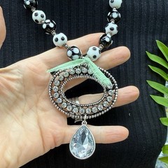 Adorned Crown Jewelry assemblage bead rhinestone pendant green ribbon necklace