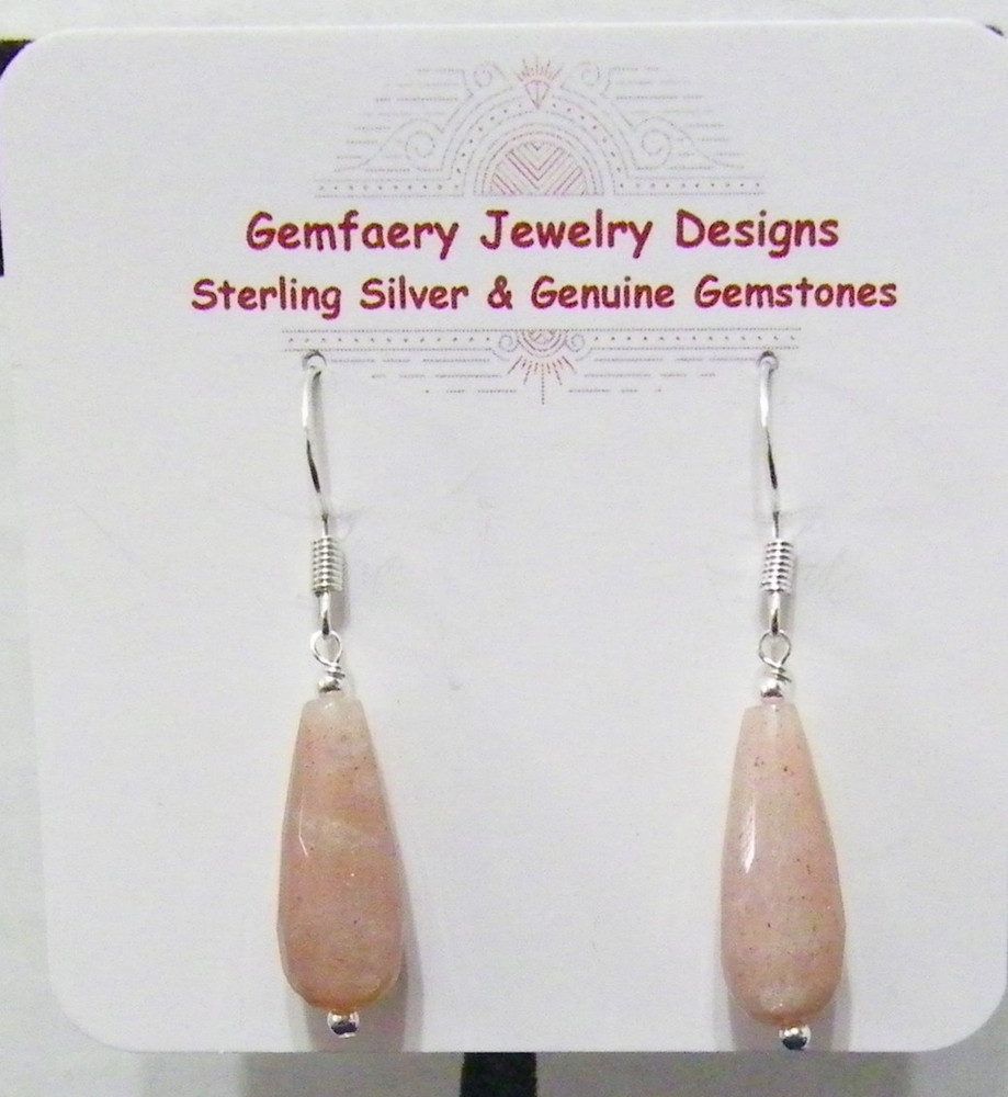 Sterling Silver Natural PEACH MOONSTONE Teardrop Dangle Earrings…Handmade USA