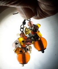 Dangle Earrings with Amber Glass Beads and Various gemstone chip beads