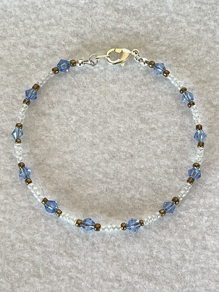 Handmade White Seed Bead and Baby Blue Bicone Beaded Bracelet