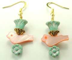 Turquoise Czech Flowers & Orange Birds Dangle Drop Earrings Handmade
