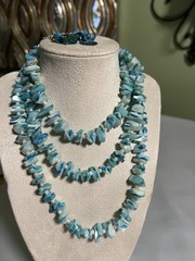 Vintage Blue Mother of Pearl Shell Chip Necklace & Earrings Endless 23″ 145g