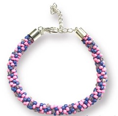 Jewelry Bracelet Kumihimo Pink Blue Seed Bead Pink Crystals 8.5 In, 2 InExtender