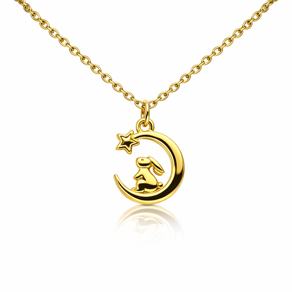 Gold Bunny Moon & Star Charm Necklace – 18K Plated Rolo Chain – Cute Jewelry