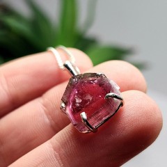 Pink Tourmaline Pendant, Polished Crystal Slice Sterling Silver Necklace