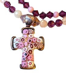 ALAN-K ITALY MILLEFIORI MURANO GLASS CROSS .925 STERLING NECKLACE BEADED STRANDS
