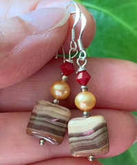 V.PRETTY~ Red Swarovski Lt Orange Pearls Brown Rhodochrosite 925 Silver Earrings
