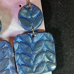 Navy Blue 2.5 Inch Square Shaped And Leaf Embossed Clay Earrings