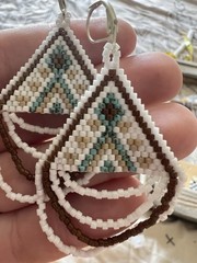 Beaded Geometric Dangle Earrings White Brown Blue Triangle Leverback Closure