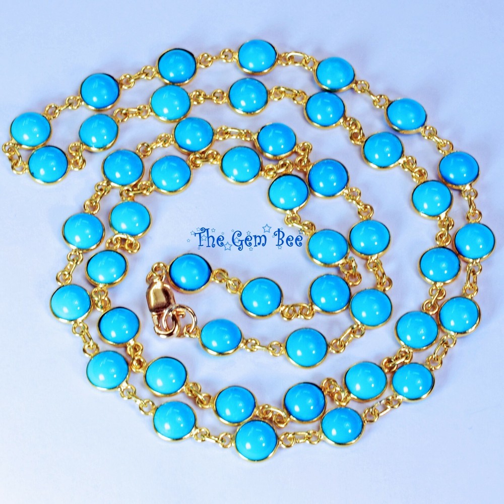 18k Solid Yellow Gold 24″ Necklace 6.4mm Round Sleeping Beauty Turquoise Bezel
