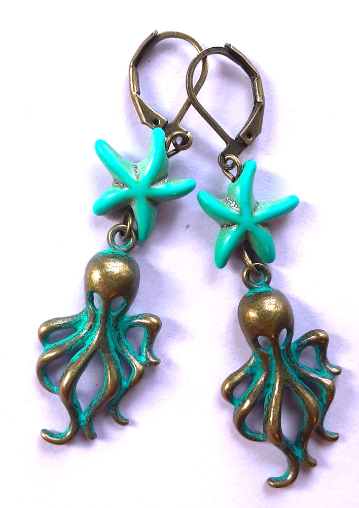 BLUE PATINA OCTOPUS shape HOWLITE earring BRONZE LEVER BACK handcrafted ACTA