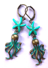 BLUE PATINA OCTOPUS shape HOWLITE earring BRONZE LEVER BACK handcrafted ACTA