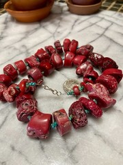 Genuine Red CORAL VERTEBRAE BRANCHES & TURQUOISE Necklace- Sterling Silver Clasp