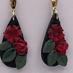 Handmade Black Teardrop Red Rose Earrings Polymer Clay Floral Jewelry