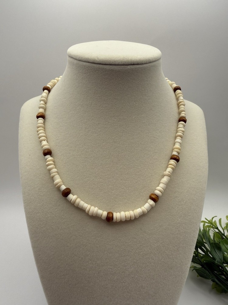 Artisan Crafted Bone & Wood Bead Necklace | 16” Neutral Layering Necklace
