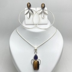 Tiger Eye Amethyst Necklace & Earrings Jewelry Set 925 Sterling Silver SOLO SET