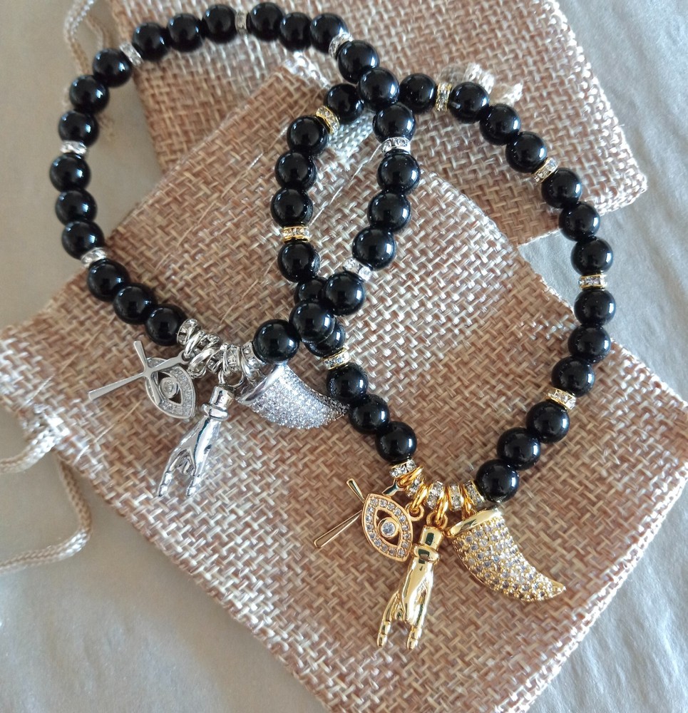 Italian Cornicello Charm Bracelet, Horn Hand, Evil Eye, Horn, Cross, Rhinestones