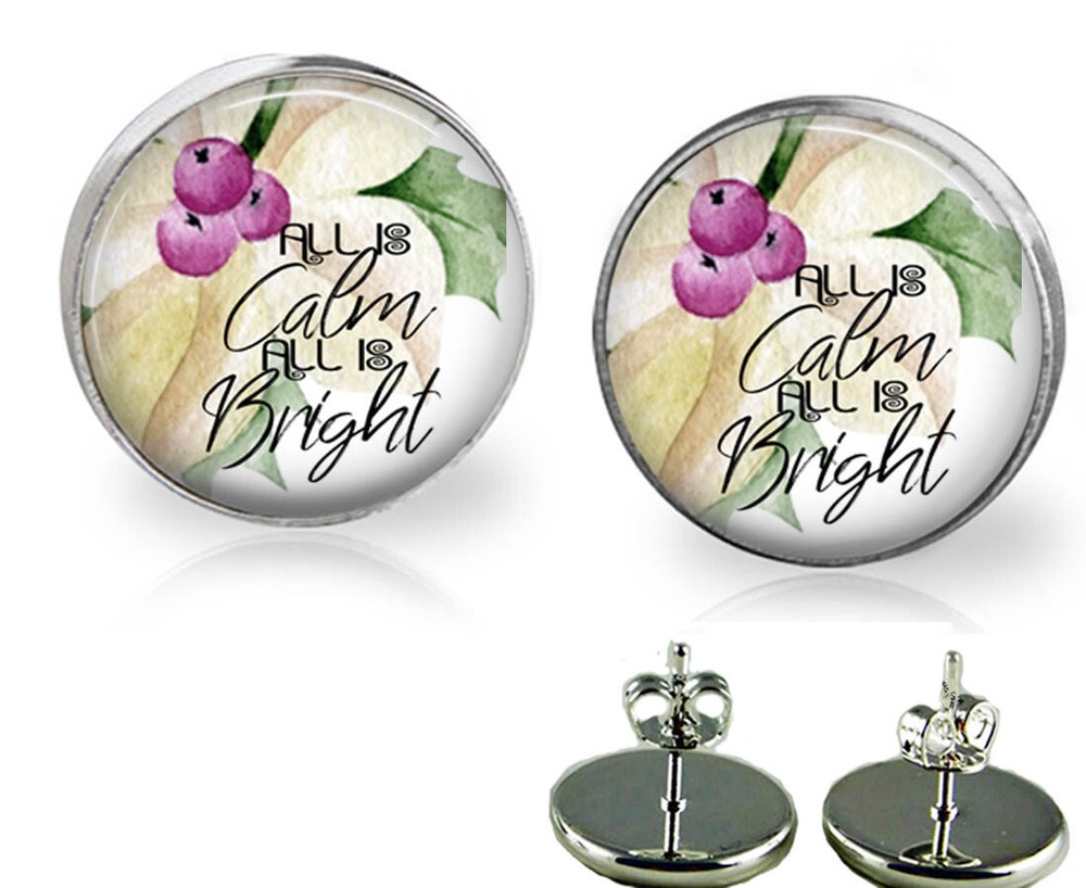 Christmas All Is Calm Glass Top Stud Earrings In 3 Sizes Handmade Photo Jewelry