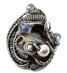 Rough Ethiopian Welo Opal Necklace with Rainbow Moonstone, Sterling Silver Wrap