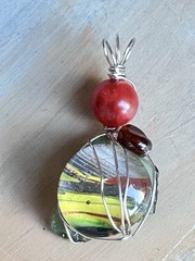 Art Glass Pendant Hand Painted Cabochon, OOAK Wire Wrapped Handmade 4226 Y