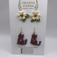 Creative Hands Handcrafted Polymer Clay Daisy Stud & Purple Cat Dangle Earrings