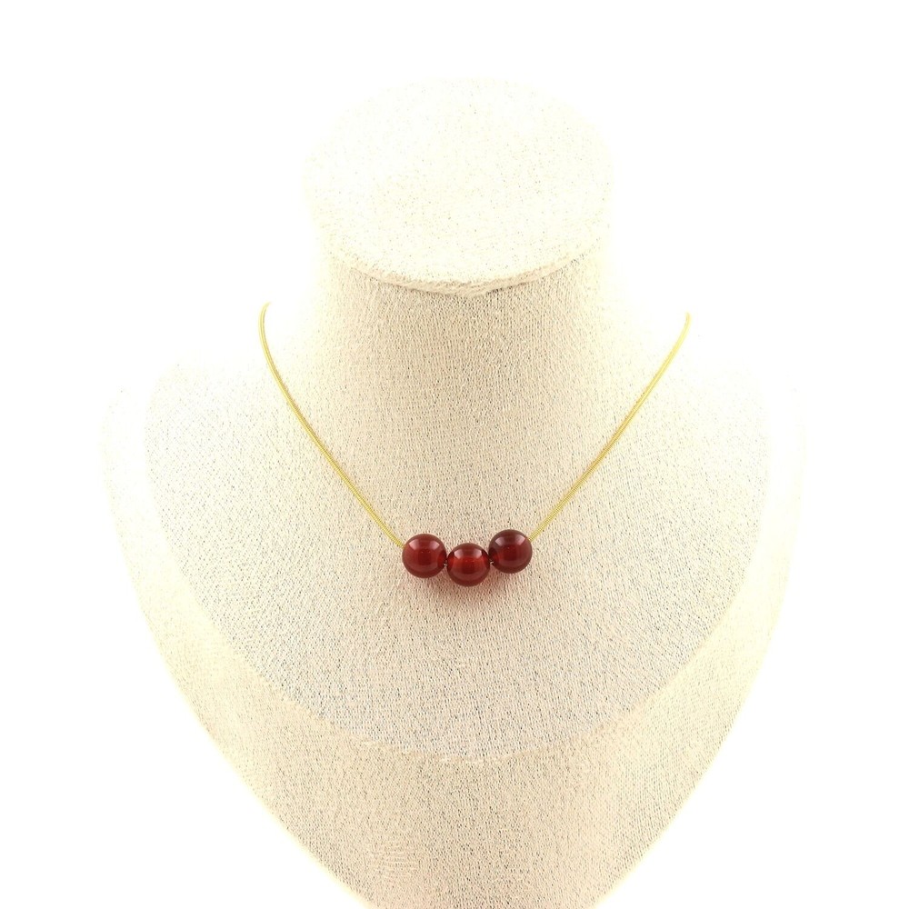 Necklace 3 Beads Red Agate 0 5/16in Chain Steel Golden Stainless Necklace Femm