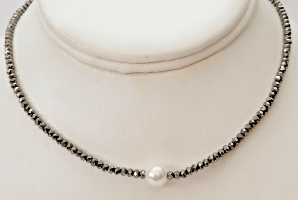 Dainty Hematite Glass Beads Faux Pearl Choker Necklace 13″ to 15″ L