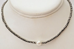 Dainty Hematite Glass Beads Faux Pearl Choker Necklace 13″ to 15″ L