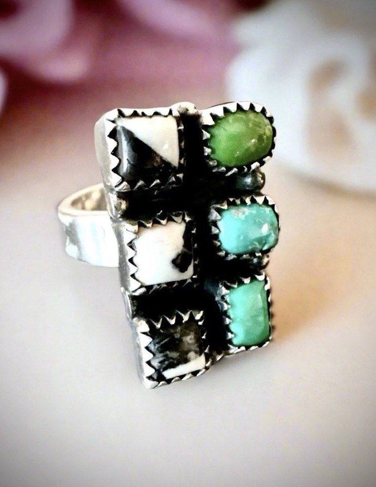 Sonoran Gold Turquoise | White Buffalo | Square Cluster Ring | 5-10