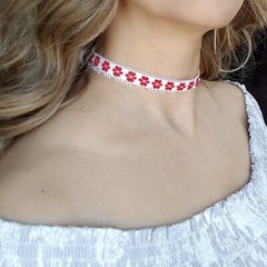 Red Flowers CHOKER NECKLACE Vintage Lace Beaded, New & Handsewn Ribbon Ties