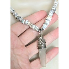 Sterling Silver Square Australian Opal Heishi Bead & Sea Glass Pendant Necklace