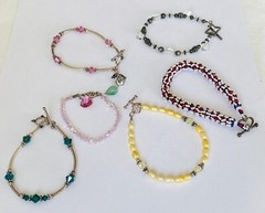 Lot Of 6 Sterling Silver Beaded Pearl Pink Clear Green Crystal Bracelets