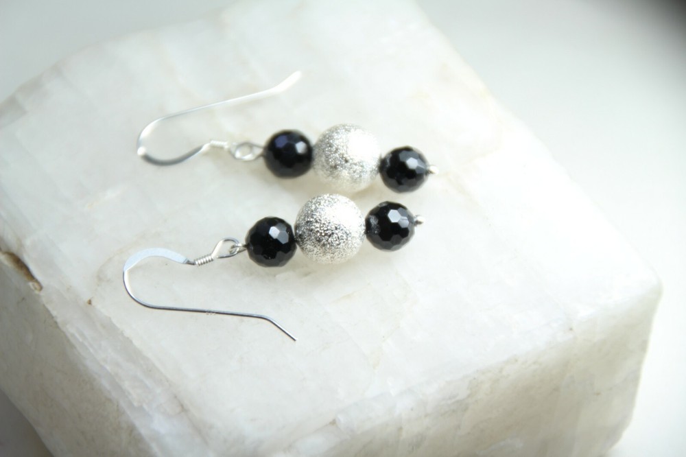 Black Spinel 6mm Ball Gemstone & Brass Ball Earrings .925 Sterling Silver 1 1/2″