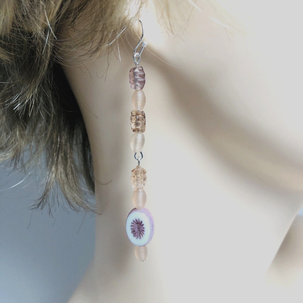 Earrings Dangle NEW Czech Bead Glass Handmade Silver over Copper 2 .75″