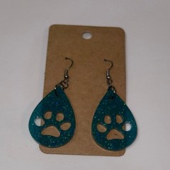 Handmade epoxy resin paw print earrings – teal green shimmer