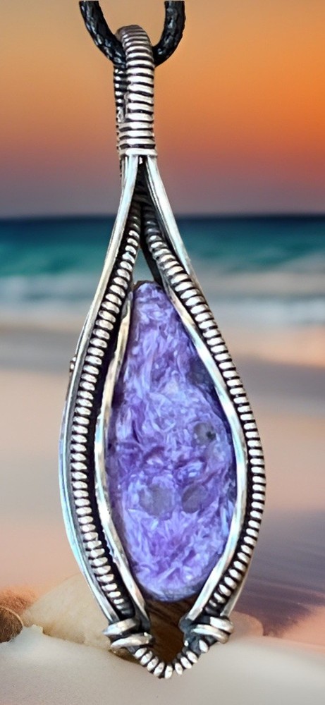 Charoite ~ Antiqued 925 Sterling Silver wire wrapped pendant 2f