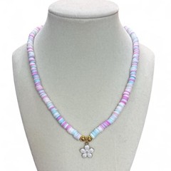 Pastel pink/blue necklace w/flower charm Clay beads Homade 17-20.5 in